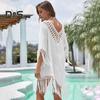 Beach Cover Up Dress V-Neck Woven Hollow Neckline Fringed Cuffs Hem Bikini Cover Up UV Protection Beach Dress