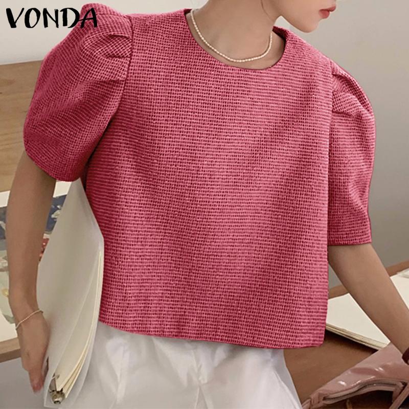VONDA Women Summer Round Neck Puff Short Sleeve Blouses