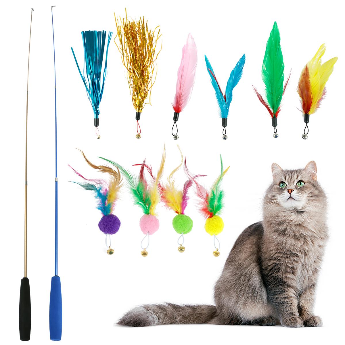 

12Pcs Interactive Cat Wand Toys with Telescopic Fishing Rod Tassel/Feather/Furball Cat Teaser Toys for Indoor Cats Play Exercise