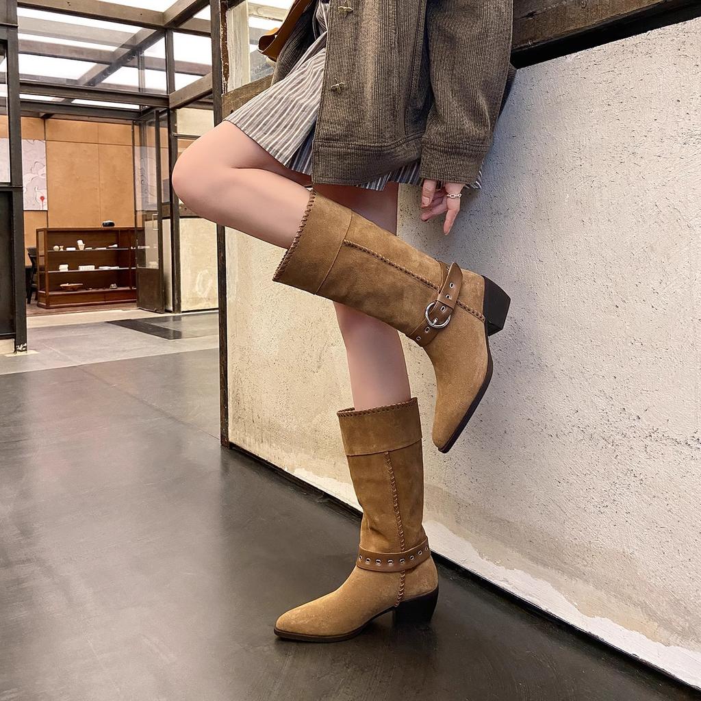 2025 New Vintage Brown Coarse Heel Belt Buckle Pointed Western Cowboy Boots Women's Medium Knight Boots Long Boots