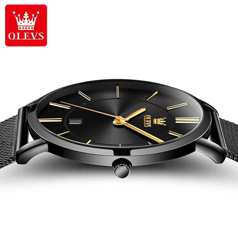 OLEVS Ultra Thin 6.5mm Minimalist Fashion Quartz Watch for Men Mesh Steel Strap Auto Date Waterproof Men Wristwatches