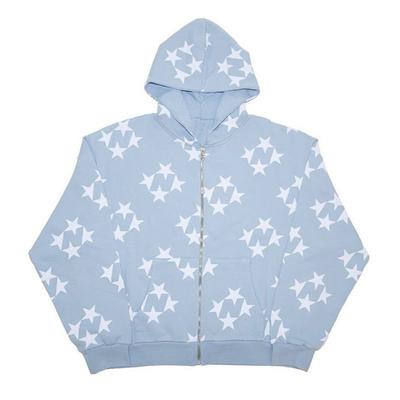 Dámská oversize mikina na zip Světle modrá Bílá hvězda Celoplošný potisk Mikina s kapucí Harajuku Street Fashion Bunda s kapsami