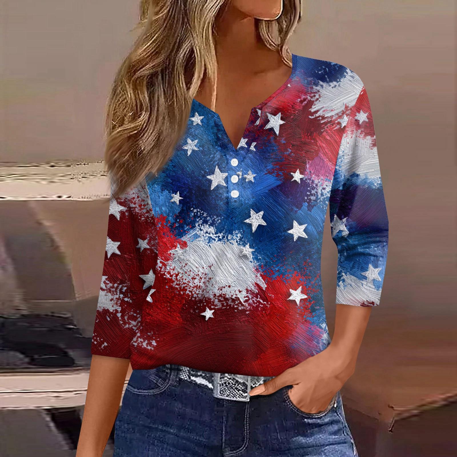 

Women s T Shirt Independence Day Print Button 3/4 Sleeve Daily Weekend Fashion Basic V- Neck Regular Top L синий