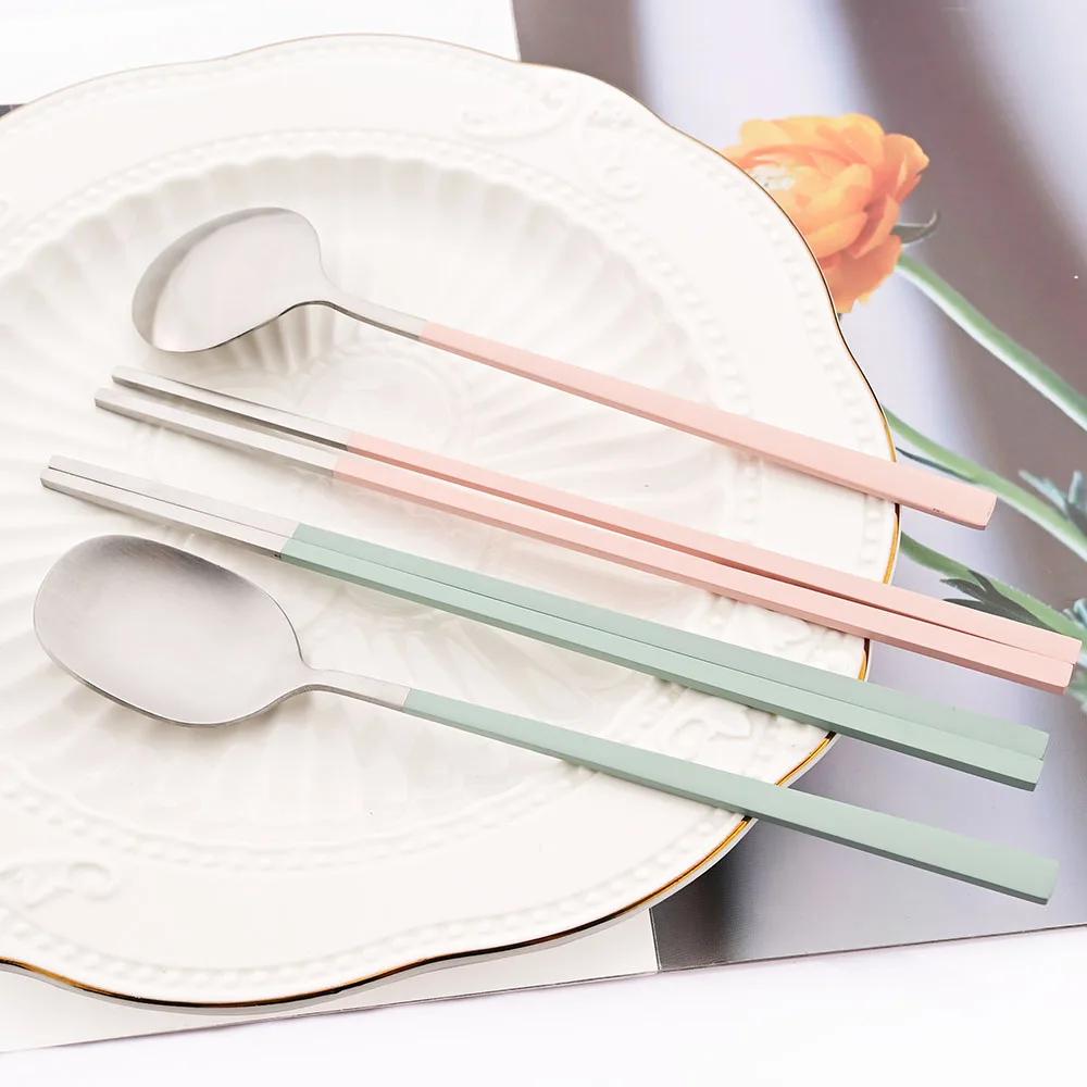 8Pcs Korean Dinnerware Set Silver High Quality Stainless Steel Flatware Set Matte Dinner Spoon Chopsticks Tableware Cutlery Set