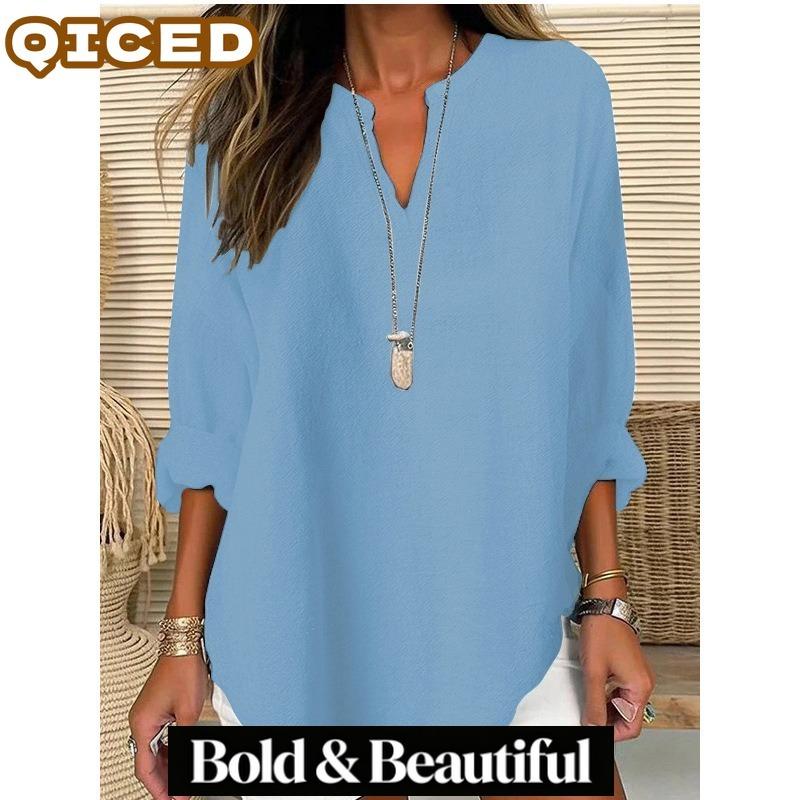 QICED Women's Fashion Casual Solid Color Print V-Neck Long Sleeve Blouses & Shirts