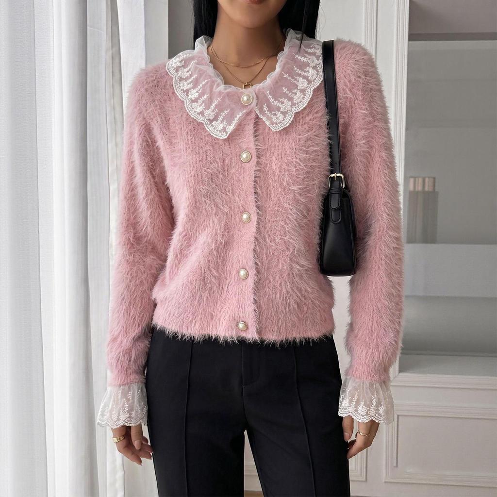 Women's Mesh Collar Knit Cardigan Sweater, Open Front Knit Jacket for Daily Wear