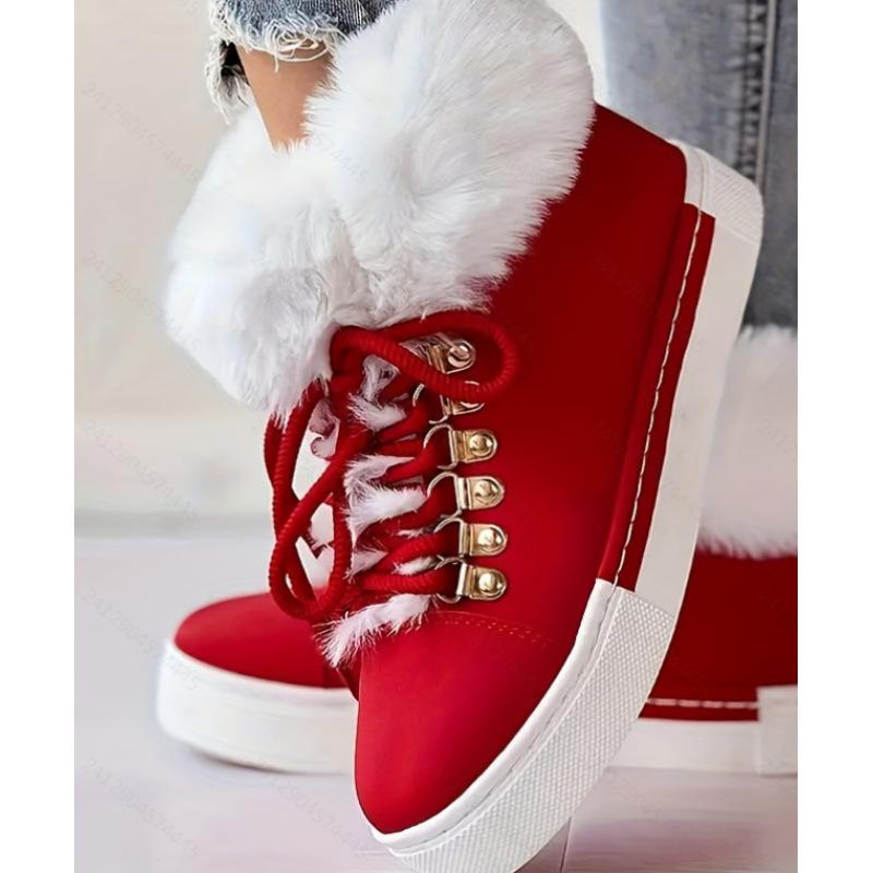 Moda de Natal Botas Vermelhas de Pele Quente e Engrossada, Tênis Flat Warm com Cadarço de Cor Sólida