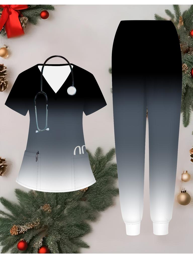 3D Farbverlauf Bedrucktes Damen Krankenschwester Uniform Set Kurzarm Lange Hose mit Tasche Lässig Modisch Weihnachtsgeschenk