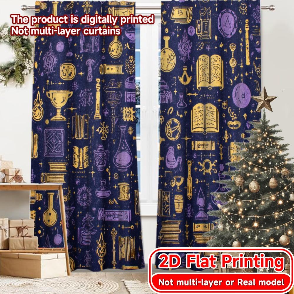 

Set Of 2 Flat Printing Mystic Shelves Chic Curtains Semi Festive Digital Living Room Curtain Light Filtering For Great Made Polyester W100*H70(CM)-Rod Pocket&1PCS