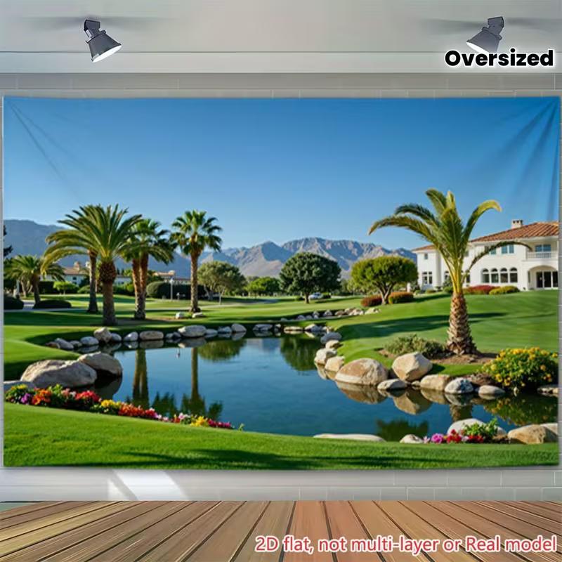 

2D Tropical Golf Course Backdrop, Luxury Resort with Pond & Palm Trees Background Cloth 47.2x31.5inch/120*80cm