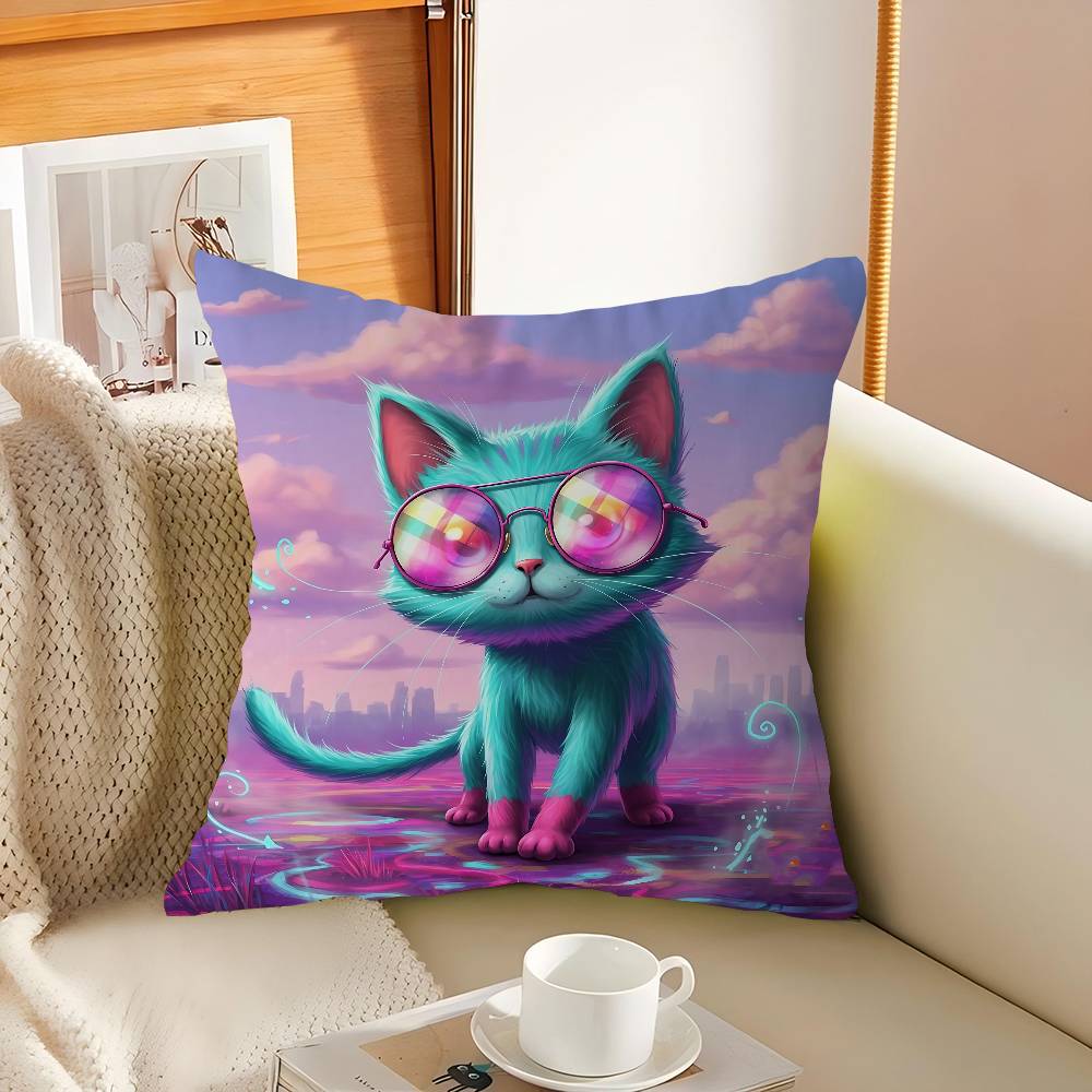 

Cute Funny Rainbow Alien Cat Pillowcase Toon Gift Cushion Cover Bedroom Home Sofa Chair Seat Decor Pillow Case 16x16Inch