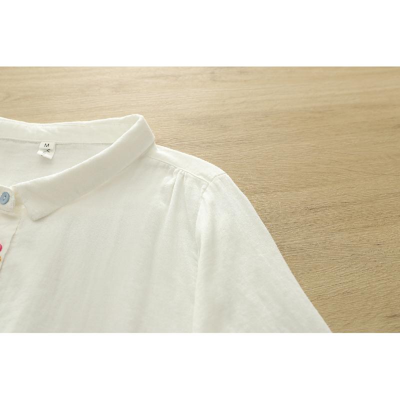 Artistic and fresh breathable cotton gauze turn-down collar short-sleeve shirt for women, casual summer double-layer gauze top