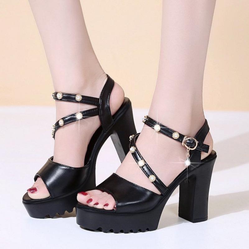 2025 Summer New Korean Version of Fish Mouth Versatile Waterproof Table High Heel Sandals Women's One-word Buckle Thin Heel Fashion Women's Shoes