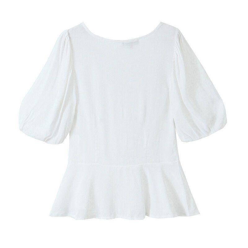 Fashion Style 2024 Summer New Arrival Women's Clothing Stylish Easiest for Match Slim Looking Short Sleeve V-neck Puff Sleeve Short Tops