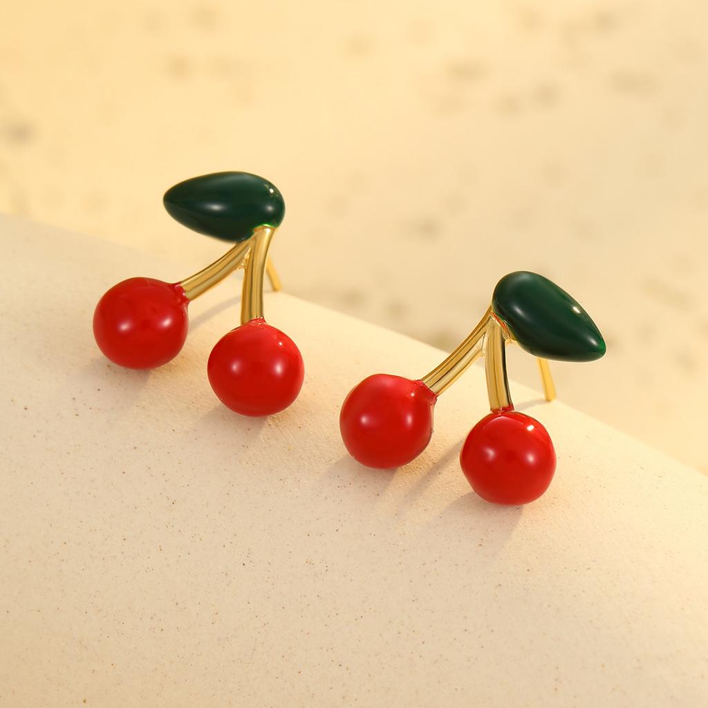 GEMCHIC Damen Niedliche Kirsch-Steckohrringe 2025 Neue Mode Früchte-Design Edelstahl Rot Grün Blatt Schmuck