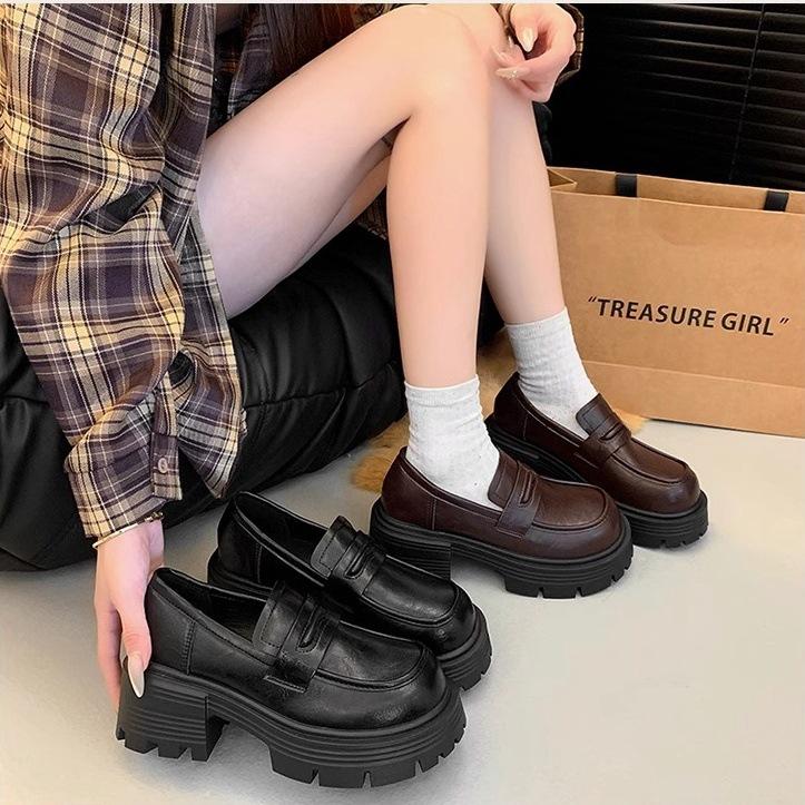 Muffin platform loafers women's spring and autumn 2025 new French thick-heeled single shoes British versatile small leather shoes
