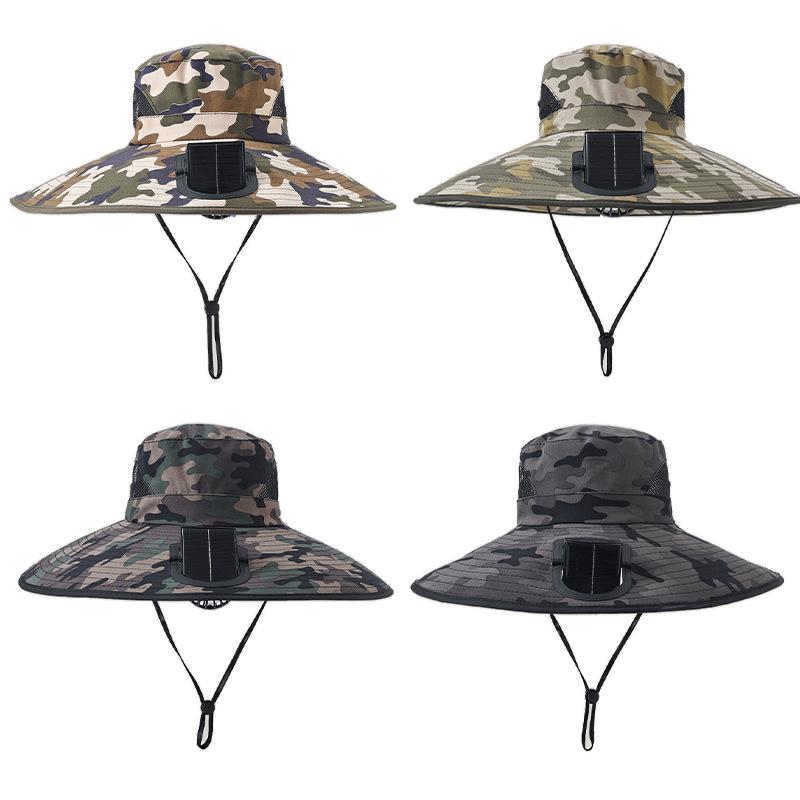 Summer New Camouflage Solar Fan Sun Protection Hat Men's Large Brim Sunshade Bucket Hat Outdoor Leisure Mountaineering