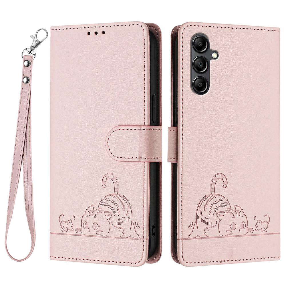 

For Samsung Galaxy A15 4G/5G Case with Strap RFID Blocking Leather Wallet Phone Cover Cat Mouse Pattern Pink