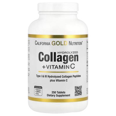 Hydrolizowane peptydy kolagenowe + witamina C, typy I i III, 250 tabletek