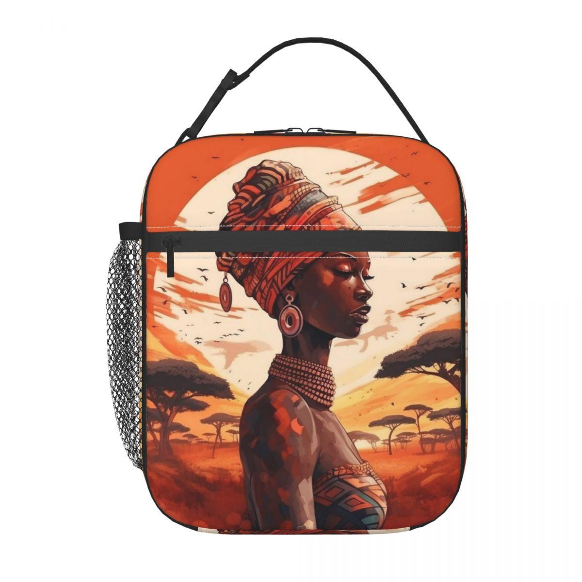 

Vibrant African Women Traditional Headscarf Insulated Lunch Bag for Women Kids Portable Food Boxes Thermal Lunch Box Tote One Size