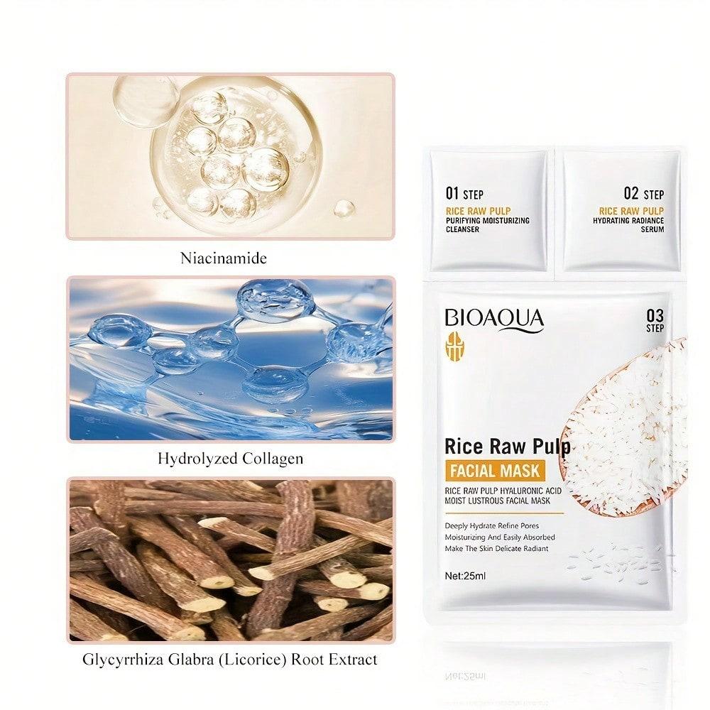 Rice Extract 3-Step Facial Mask Hydrating Cleansing Essence for Nourished Skin