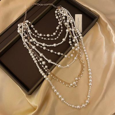 Fashion Exaggerated Multi-Layer Pearl Necklace and Earrings Suite Women's Fashion Long Heavy Industry Sweater Chain Elegant Classy Accessories