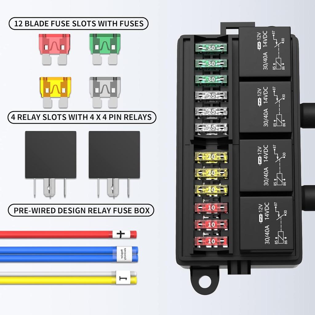 12 Volt Fuse Relay Box Pre-Wired Fuse and Relay Box with 4 Relays and 12 Way ATC/ATO Fuses Sealed 12V Relay Fuse Box Block for Auto Car Marine Boat