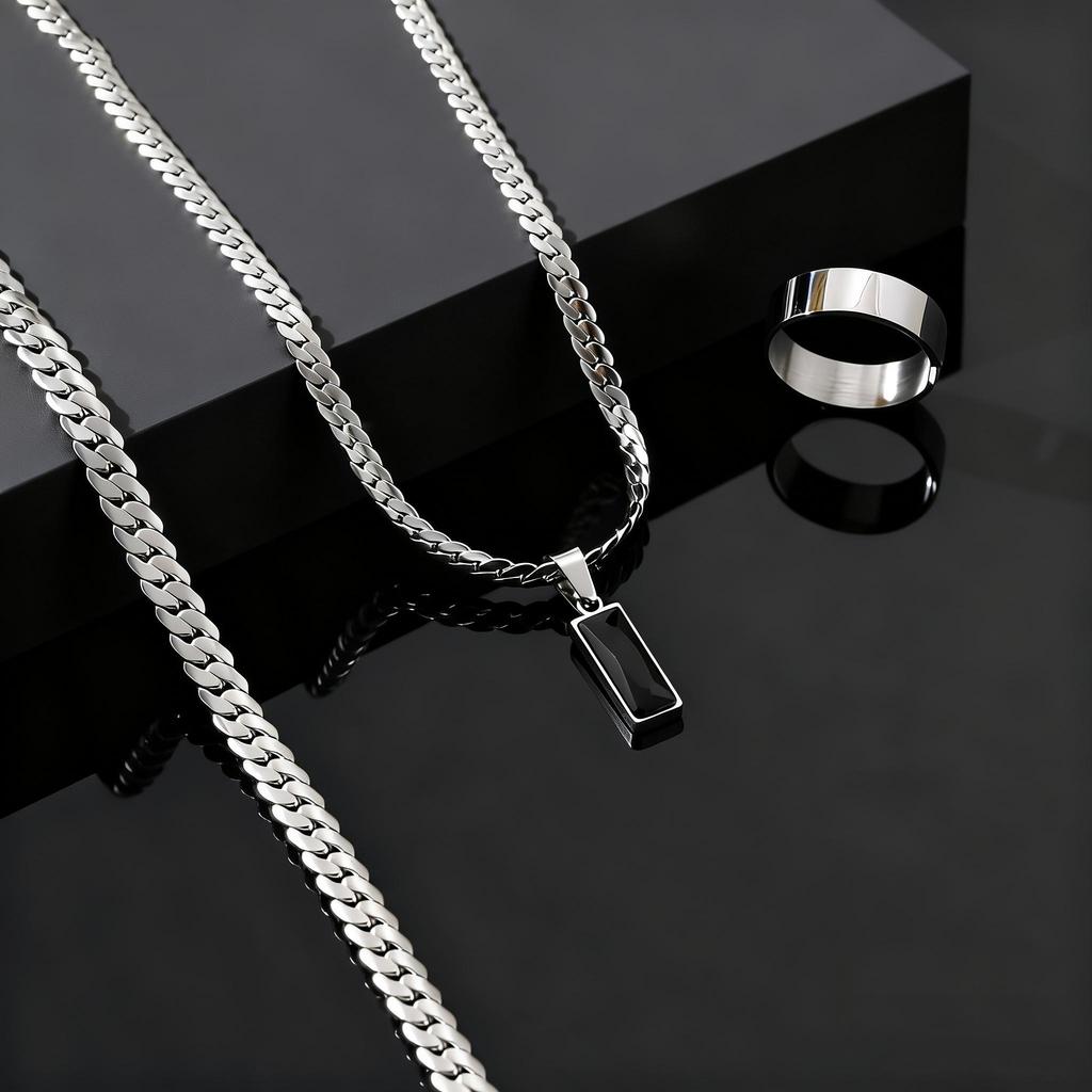 Geometrisches quadratisches Anhänger-Halsketten-Set für Herren, schlichtes flaches kubanisches Kettenarmband & Ring, trendiges Hip-Hop-Schmuckset aus Edelstahl