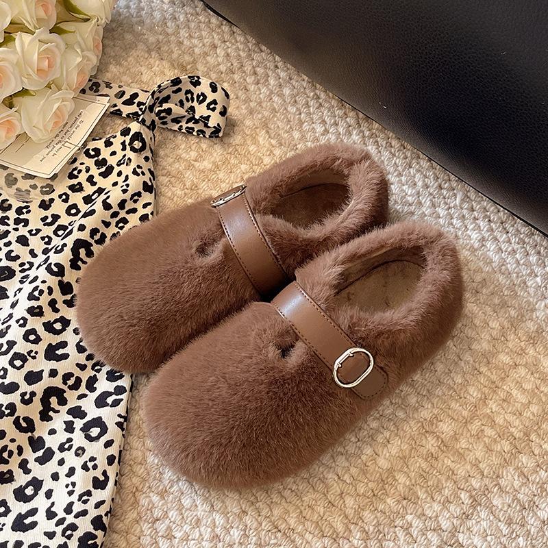 French Fluffy Shoes for Women's Outer Wear 2025 Autumn and Winter New One-pedal Plush Mary Jane Doudou Single Shoes Cotton Shoes
