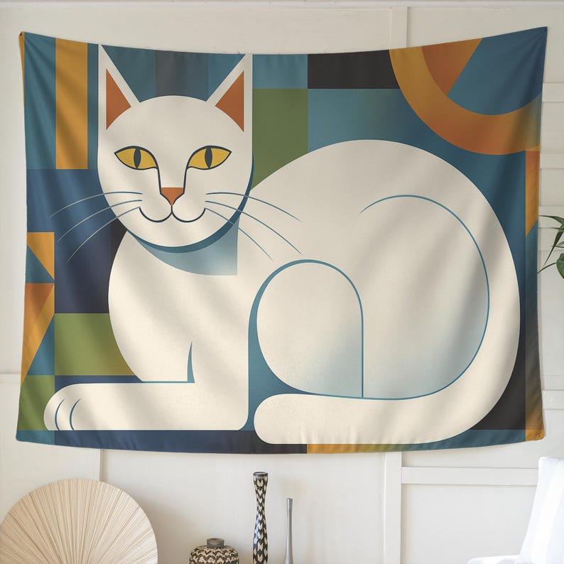 Geometric white cat tapestry 75x100 чёрный