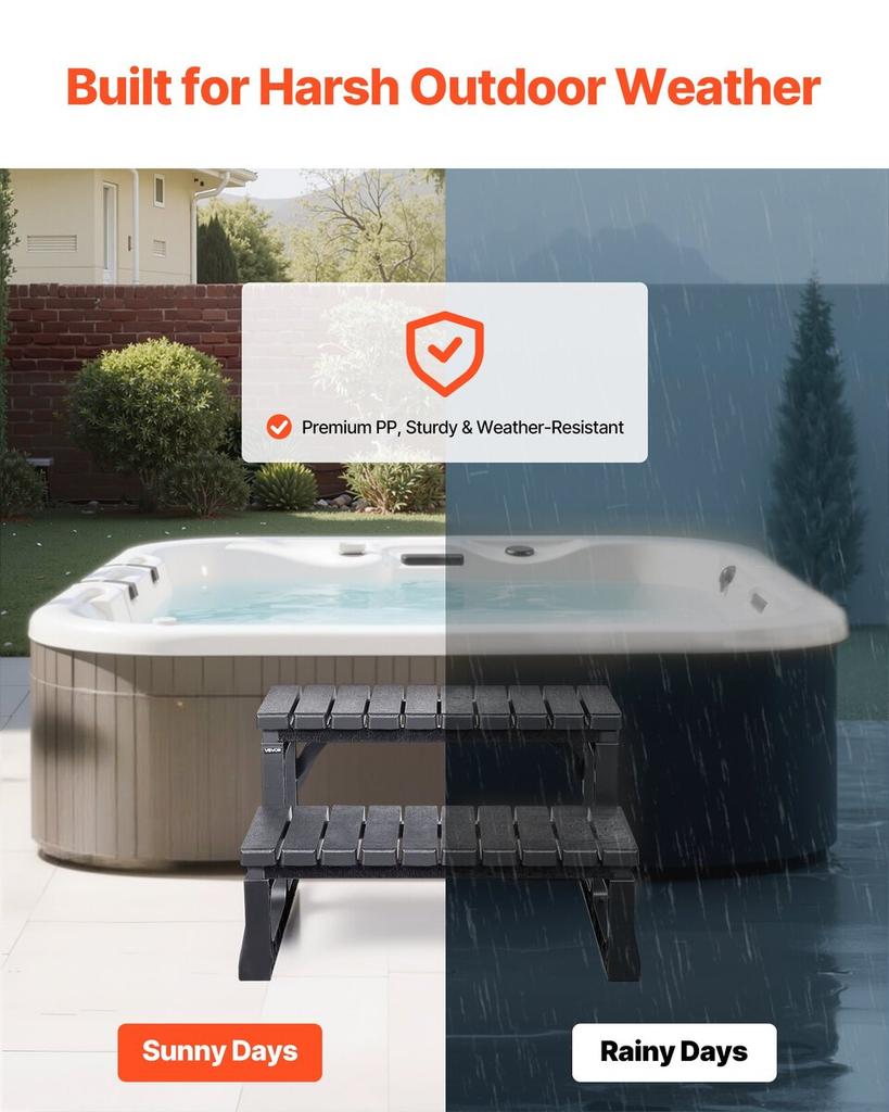 Hot Tub Step, 2-Step Spa Outdoor Stairs, Heavy Duty 599.5 mm Wide PP Above-Ground/Inflatable Pool Ladder with 145.2 kg Weight Capacity, Multi-Use for