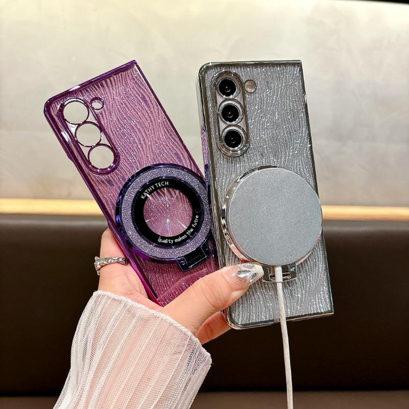 Coque de téléphone scintillante avec anneau électrolytique pour Samsung Galaxy Z Fold 6 5 4 3 Fold 6 Fold 5 Fold 4 Fold 3 Coque magnétique antichoc