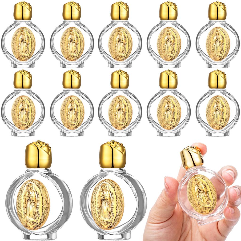 SacredVials - 12 Blessed Holy Water Containers of 0.5 floz, Glass Vessels with Colored Caps and Communion Gift Packaging for Church and Family (Gold,