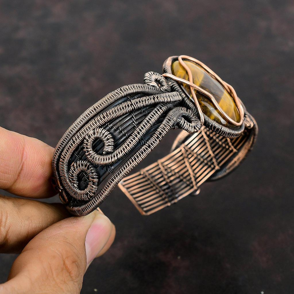 Tigerauge Armreif Edelstein Armreif Kupferdraht gewickelt Armreif verstellbar Armreif handgefertigt Armband Hochzeitsgeschenk Kupferschmuck