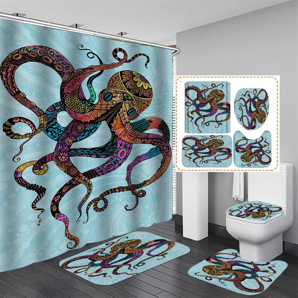 Ocean Monster Octopus Print Shower Curtain Set Waterproof Bathroom Curtain Set With Rugs Toilet Cover Mat For Bathroom Decor