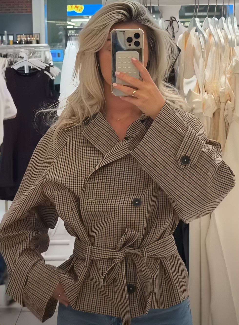 Damen Karos Zweireihig Bindegürtel Langarm Crop Jacke S gray