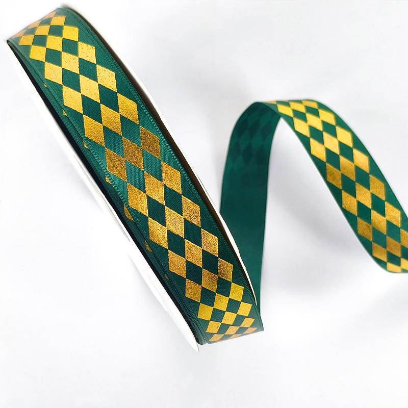 2.5" Diamond Grid Gold Foil Satin Ribbon for DIY Hair Accessories, Gift Bows, and Festival Decorations.