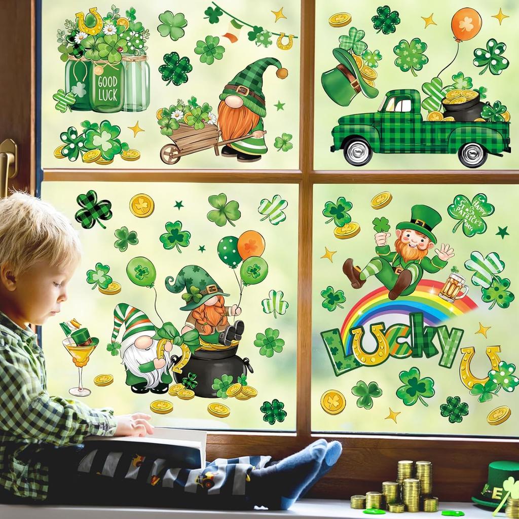 decalmile St. Patrick's Day Shamrock Double Sided Window Clings Green lrish Gnomes Truck Gold Co Window Decals Anti-Collision Glass Window Doors
