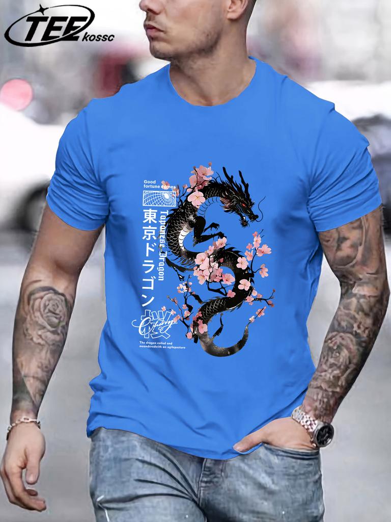 Sakura Tokyo Dragon Print Men TShirts Cotton Crewneck Vintage Short Sleeve Fashion Summer Top Unisex Sports AllMatch Clothing