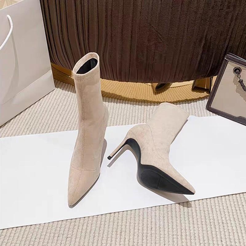 

2025 autumn and winter short boots women s high heel elastic French black pointed thin heel thin boots suede white boots temperament 39