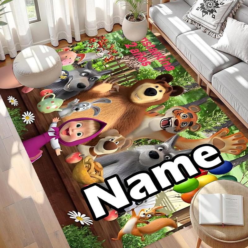 Custom Name Personalized Masha and The Bear Print Carpet, Versatile Home Decor Rug, for Playroom, Apartment, Balcony, Entryway, Hallway Gift