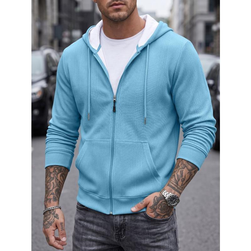 Men S Textured Waffle Knit Hooded Pocket Cardigan Sweatshirt