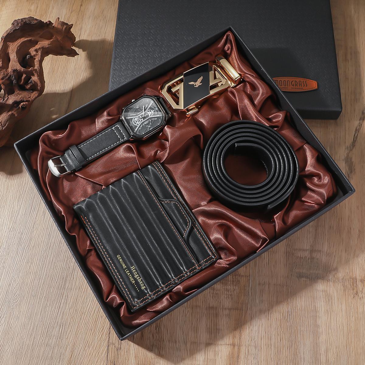 

New Fashion Men s Watch Square Case Leather Strap Casual Men s Personalized Sports Watch Belt Wallet 3 Piece Gift чёрный