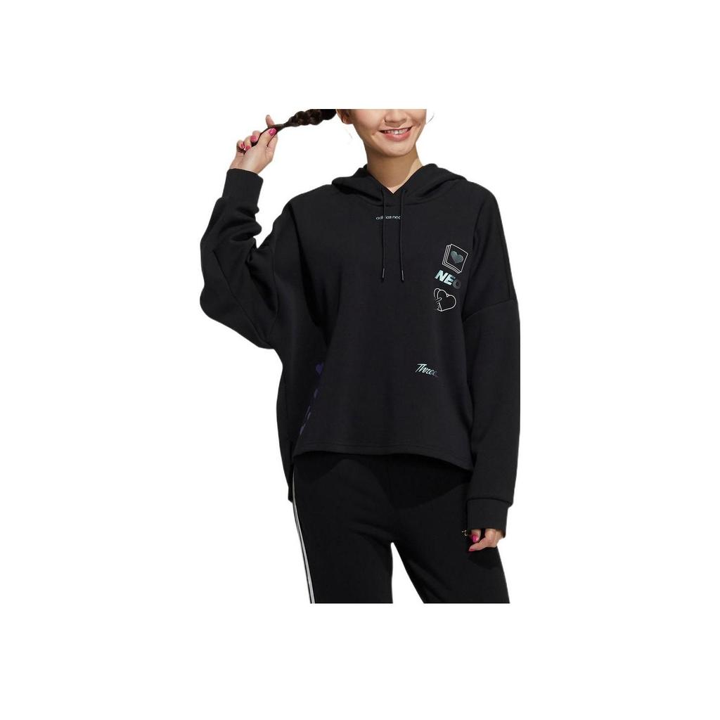 Adidas Neo Solid Color Hooded Heart Brand Logo Print Long Sleeve Sweatshirt Women Sweatshirt Black H18579