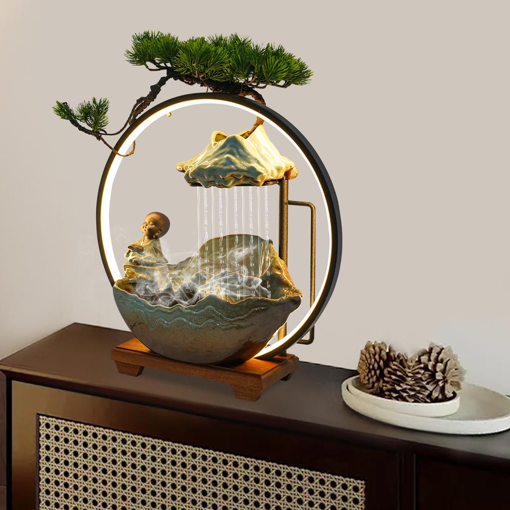 Modern Ceramic & Wood Tabletop Water Fountain for Meditation & Tea Room - Zen Desktop Water Feature, Calming Decorative Fountain