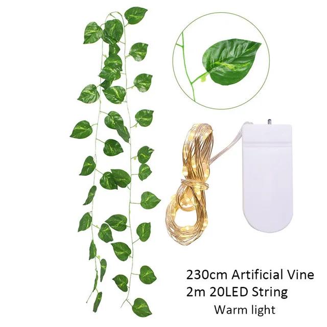 2.3m Fake Creeper Green Leaf Ivy Vine with 2m LED String Lights - Home Wedding Party Hanging Garland Artificial Flower