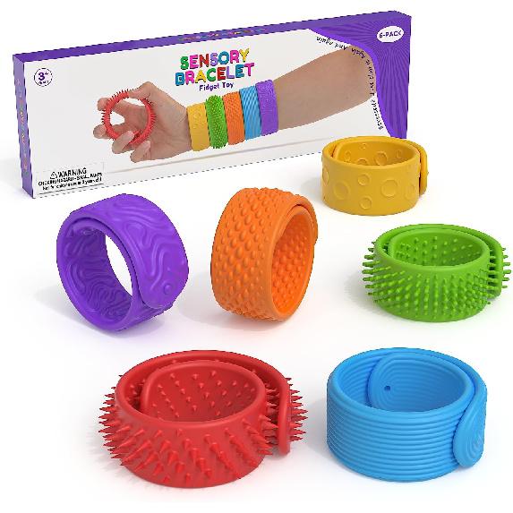 6 Pack Sensory Fidget Toys Slap Bracelets, Textured Silicone Sensory Toys for Kids, Calming Tool for Special Needs, Wearable Anxiety Relief Toys for
