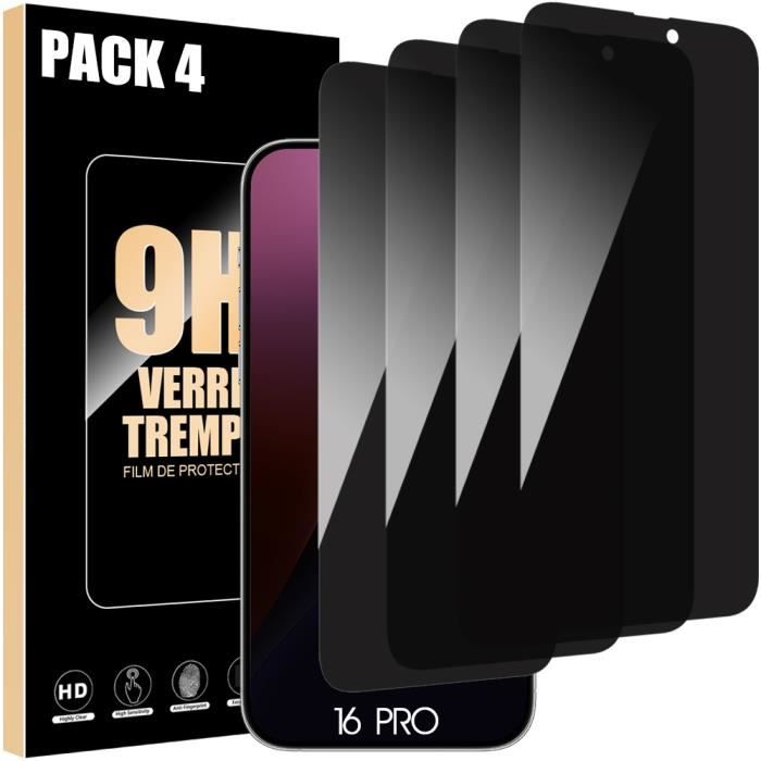 Verre trempé anti-espion - iphone 16 pro - lot de 4 - ultra fin - résistant aux rayures - installation facile