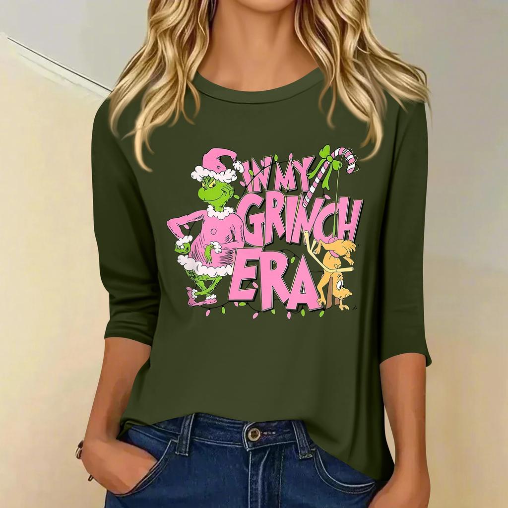 3/4 Sleeve Tops For Women T-Shirt Casual Christmas Print Tops T Shirt Round Neck Pullover Blouse