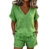 Womens 2026 Casual 2-Piece Set: V-Neck Short Sleeve Top Elastic Waist Capri Shorts Pure Color Streetwear Outfit